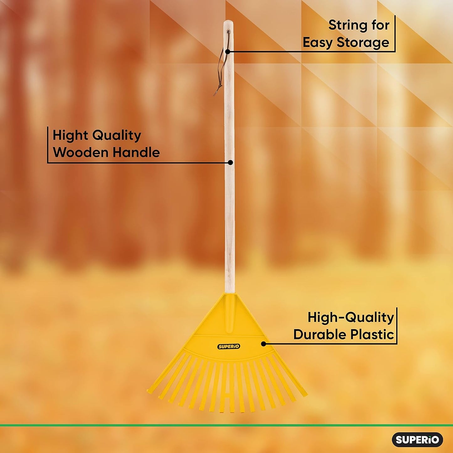 Superio Kids Rake with Hardwood Handle, Durable Plastic Head to Sweep Leaves in Lawn and Tidying Up The Garden, 34" (Kid Size, Yellow, 1-Pack)