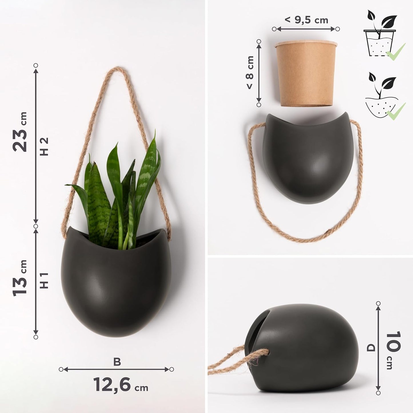 Kazai. Wall Planters -Ellie- | Hanging Ceramic Plant Pots 3 Pieces | Wall Decoration for Indoors, Balcony and Garden | Graphite (Matte)