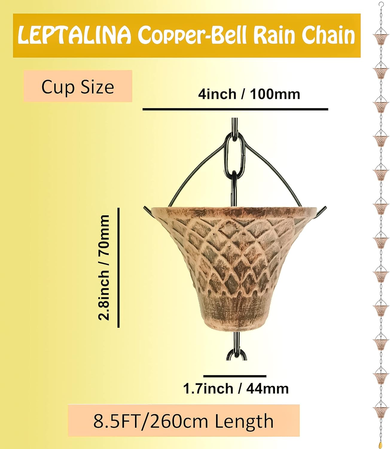 8.5FT Bell Iron Rain Chains for Gutter and Rain Barrel, Rust-Resistant Plated Garden Décor for Downspout, Bonus Rain Chain Gutter Adapter (Antique-Copper)