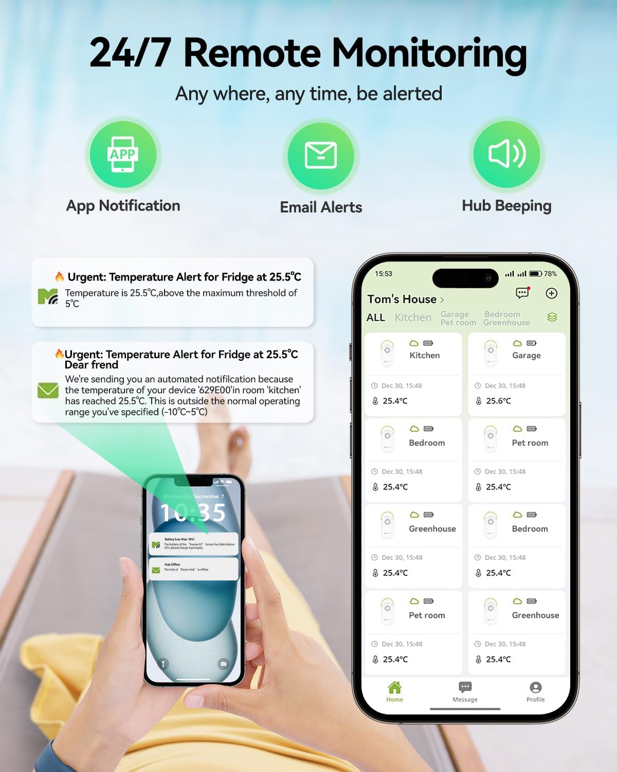 WiFi Remote Thermometer Freezer Alarm, 1/3 Mile Long Range, IP66 Waterproof, App Email Alert, with Digital Monitor Hub, 2 Smart Wireless Temperature Sensors for Fridge, RV, Greenhouse