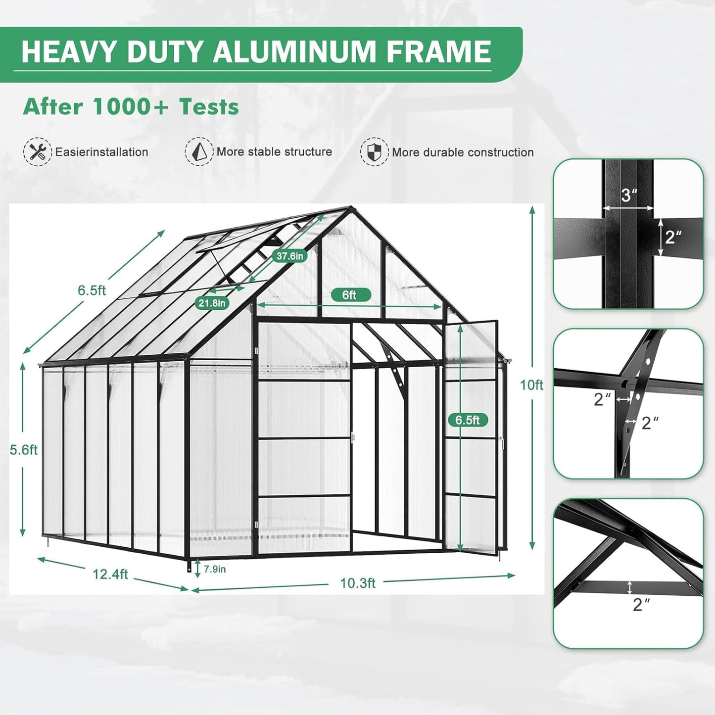 JULY'S SONG 10x12 FT Greenhouse for Outdoor, Large Easy Assembly Heavy Duty Polycarbonate Panels Aluminum Frame Walk-in Green House with 2 Windows Wider Door for Garden Plants Outside