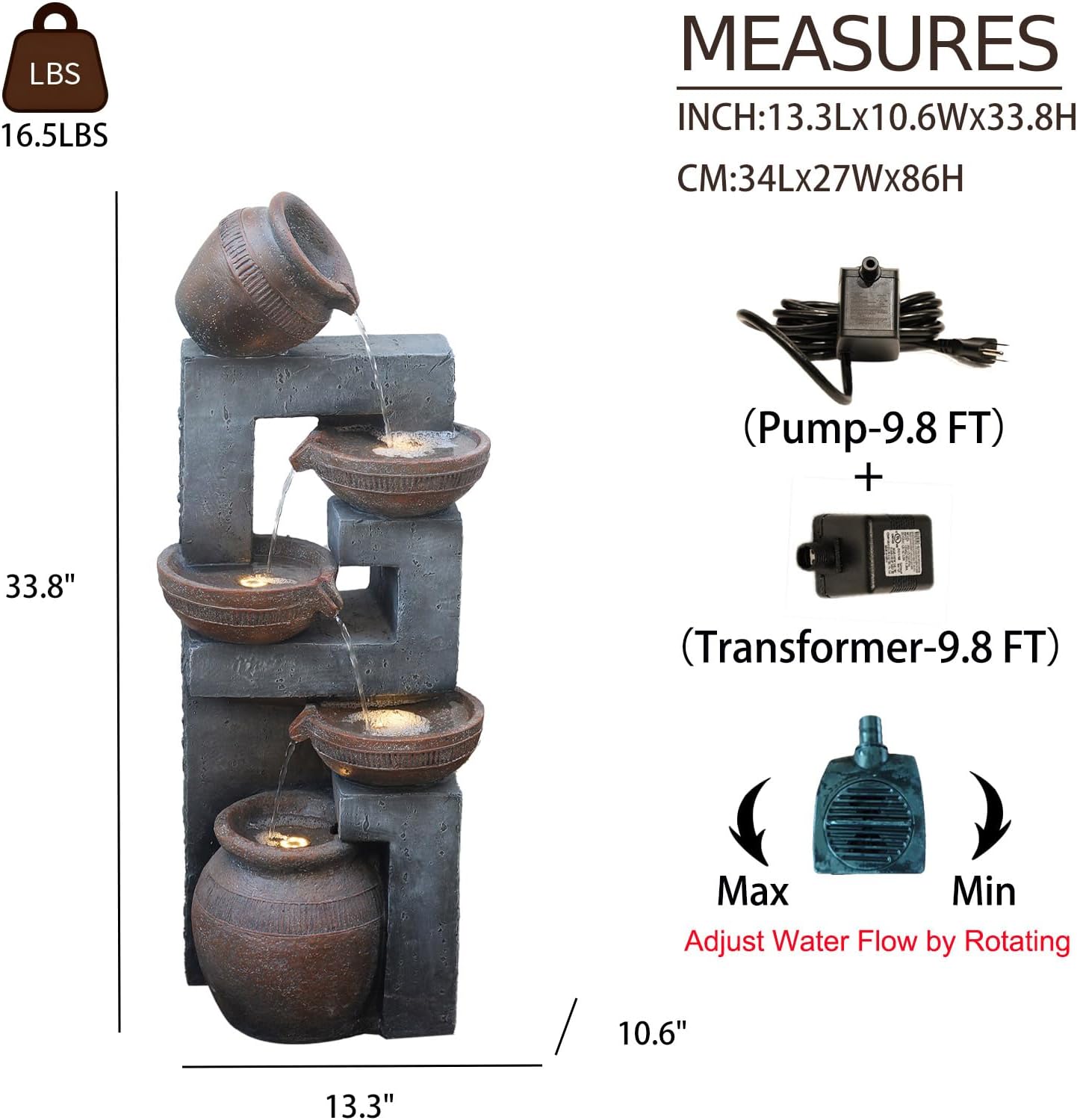 33.8" H Water Fountain Outdoor with LED Lights & Pump, 5-Tier Cascading Outdoor Fountain for Garden,Patio,Porch,Backyard,Home Art Decor (Brown)