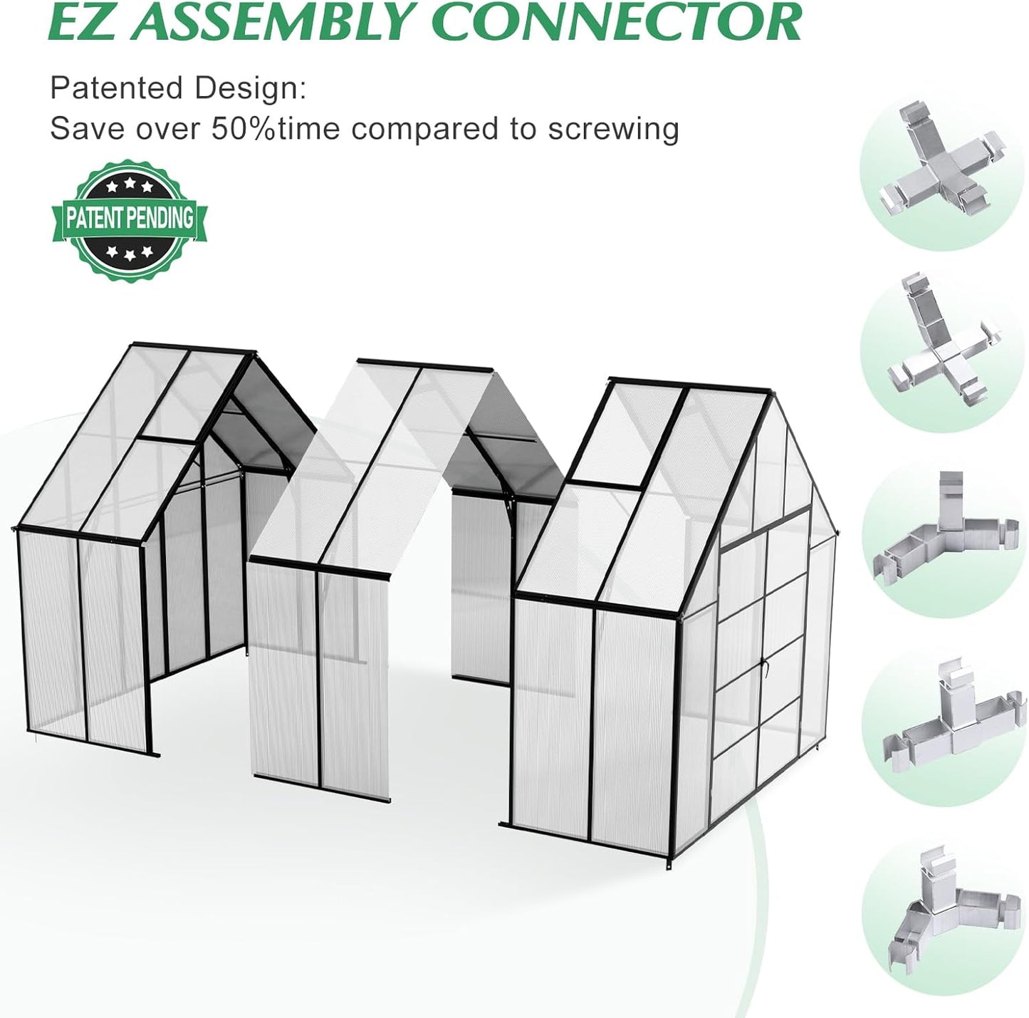 10x10x12 FT Heavy-Duty Greenhouse 2.0 with Polycarbonate Panels, Swing Door, Hinged Roof Vent, and Rain Gutters for Outdoor Use, Aluminum Black