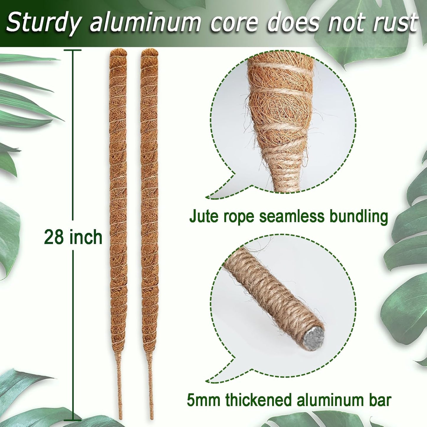 2 Pack Moss Pole, 28 Inch Bendable Moss Pole for Plants Monstera, Moss Poles for Climbing Plants Indoor, Coir Plant Pole Sticks Support Stakes for Potted Plant, Pothos, Philodendron