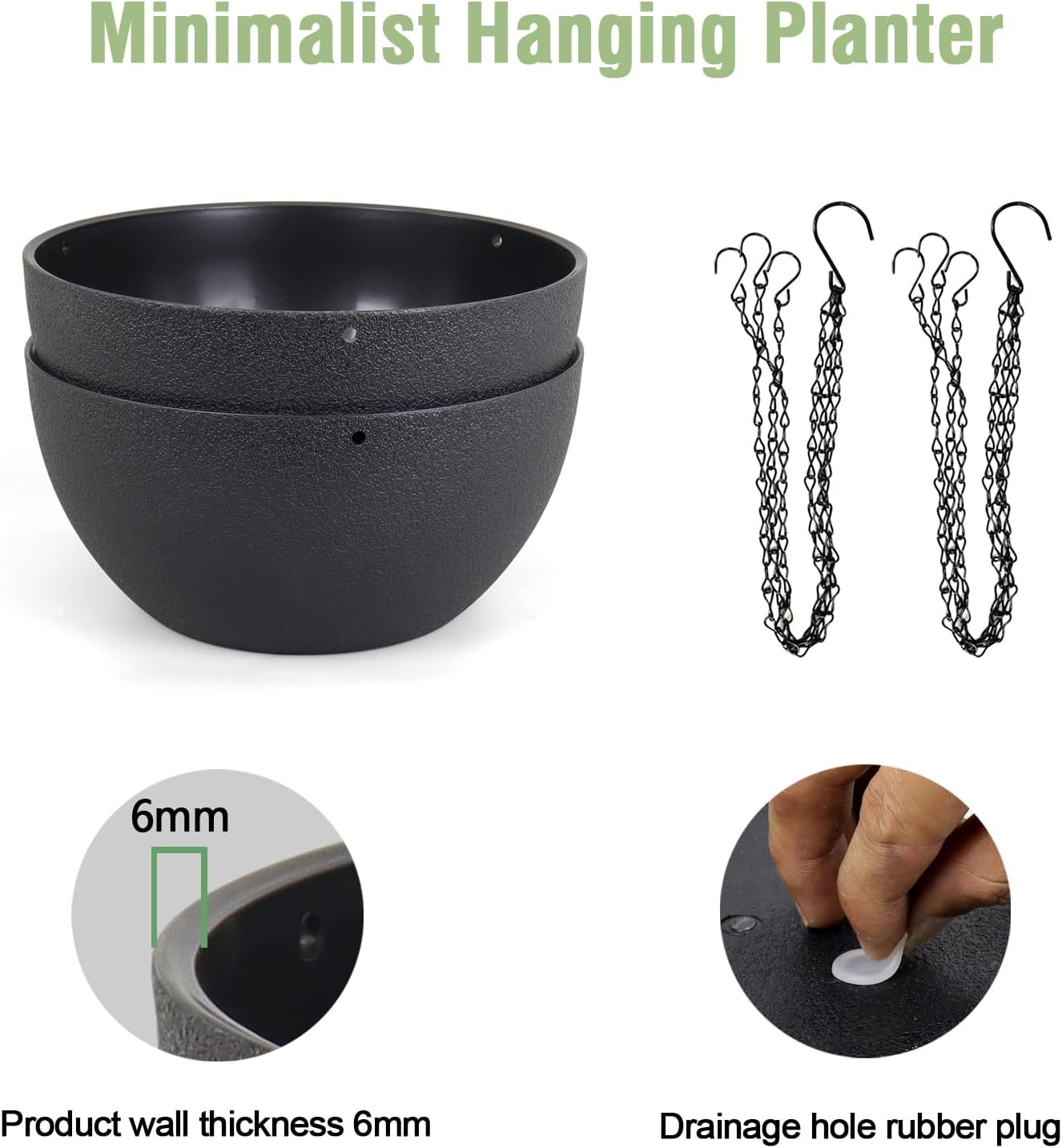12 inch Large Hanging Planters for Indoor Outdoor Plants, 2 Pack Hanging Flower Pots with Drainage Holes and Chain for Garden Porch, Plastic Hanging Baskets for House Plants, Black