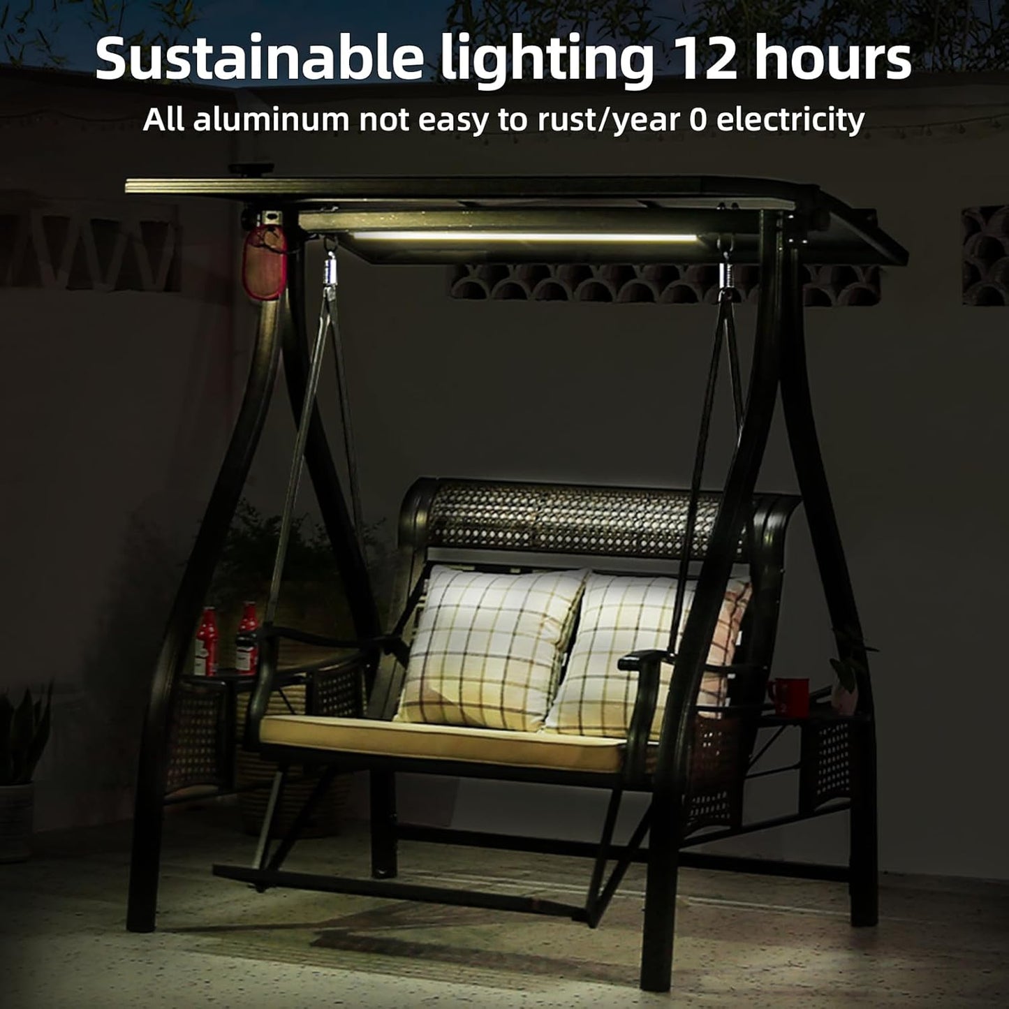 2/3-Seat Outdoor Patio Porch Swing with Adjustable Aluminum Alloy Canopy Solar Patio Swing Chair Bench with Footrest Side Cup Holder for Backyard Lawn (Heart of Ocean-3 Seat)