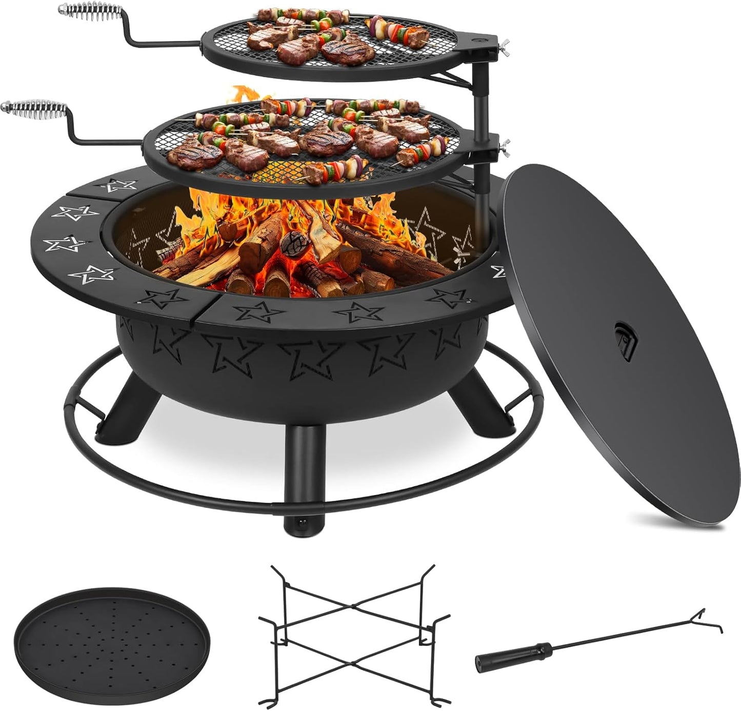32.5" 3-in-1 Fire Pit Table with Dual Grills – Wood Burning Firepit for Outside Cooking, BBQ Grate & Round Patio Table – Includes Charcoal Pan, Log Rack,Poker & Lid for Backyard, Garden
