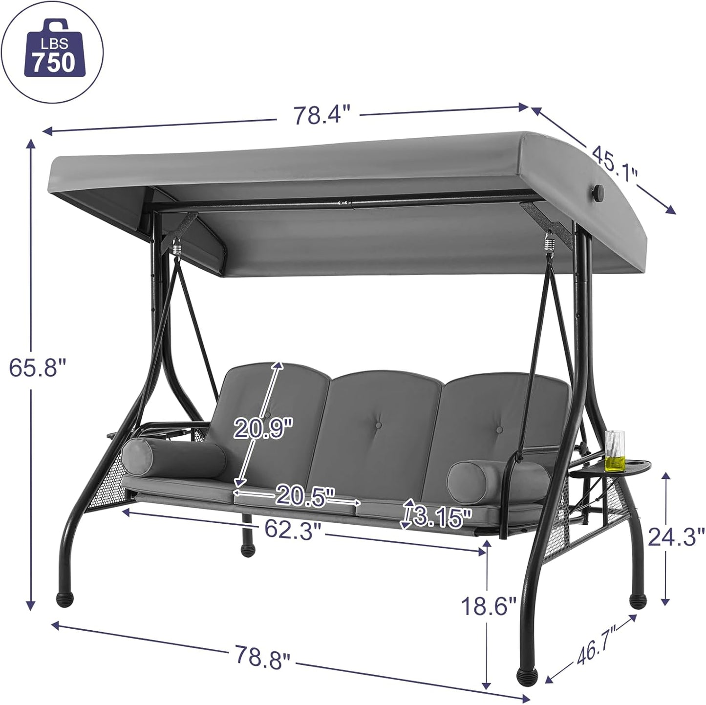 HOMREST 3 Seat Outdoor Porch Swing with 1.5" Deep Cup Holder, Adjustable Canopy,Patio Swing Bed with Stand, Patio Glider Swing with Thicken Cushions, Pillow（Grey）