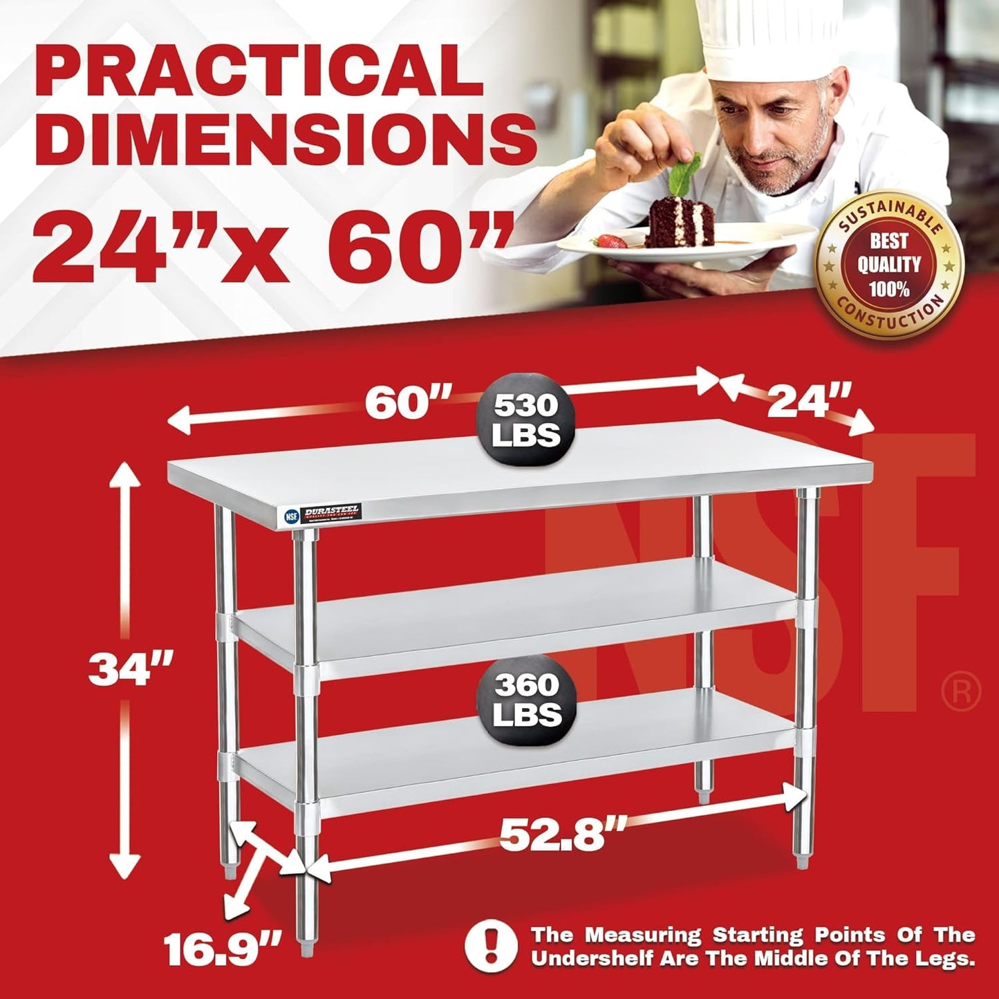DuraSteel Food Prep Stainless Steel Table - 24 x 60 Inch Commercial Metal Workbench with Adjustable Under Shelf - NSF Certified - for Restaurant, Warehouse, Home, Kitchen, Garage