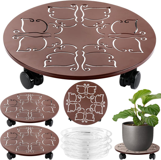 3 Packs 13.6 inches Large Metal Plant Caddy with Wheels Round Planter Dolly Pot Mover Rollers Wrought Iron Rolling Plant Stands Indoor Outdoor Wheeled Plant Holder Coaster Trolley, Butterfly, Brown