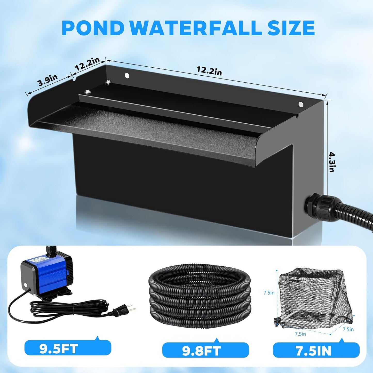 Pond Waterfall Kit with Pond Filter Box - 55W Submersible Pump & 12" Adjustable Waterfall Spillway | Complete Set with Extra Long Hose for Garden Ponds, Backyard Water Features