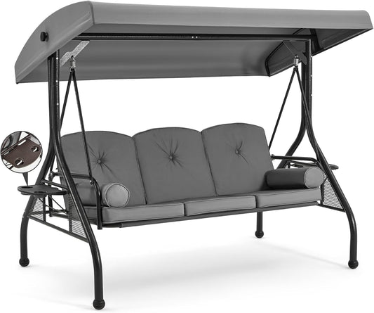 HOMREST 3 Seat Outdoor Porch Swing with 1.5" Deep Cup Holder, Adjustable Canopy,Patio Swing Bed with Stand, Patio Glider Swing with Thicken Cushions, Pillow（Grey）