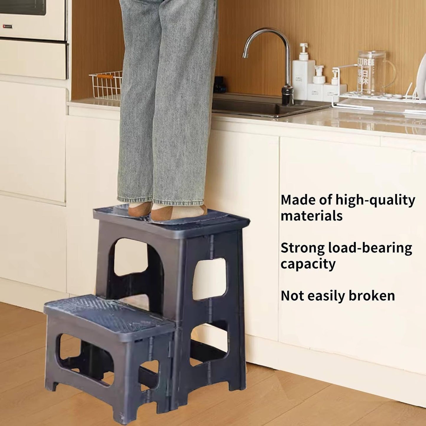 2-Step Folding Stool, Non-Slip Folding Step Stool Plastic Steps Ladder, Portable Bedside Step Stool, Hold up to 300 lbs, Lightweight & Foldable Step Ladder for Kitchen Toilet Office Home RV-Black