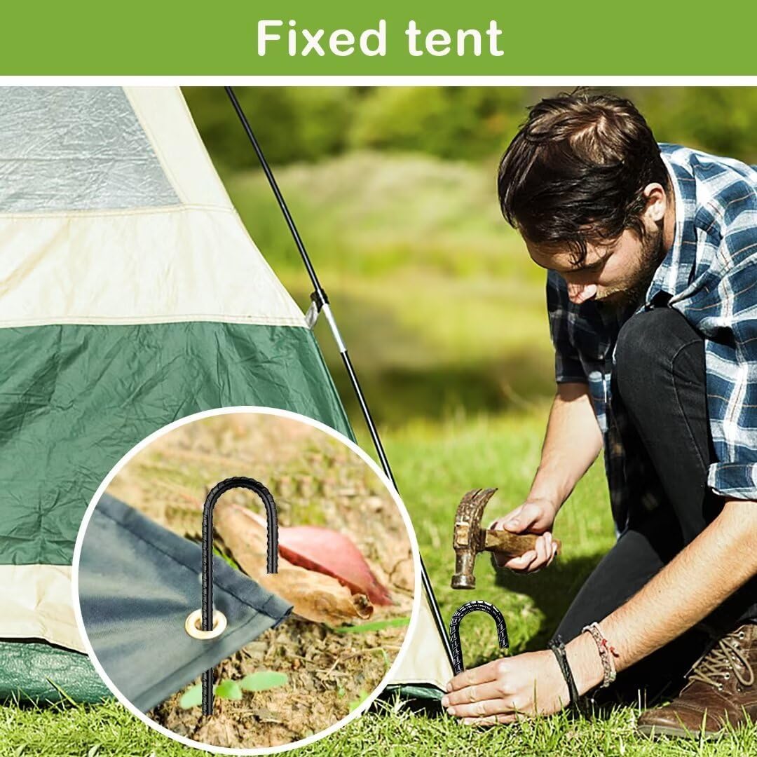 Ground-Stakes-Heavy-Duty-12 inch, J-Hook Rebar Stakes Black Coated Anti-Rust 16pcs Garden Stakes Metal Ground Anchors for Garden Dog Fence Chicken Coop Christmas Decorations Deer Fence