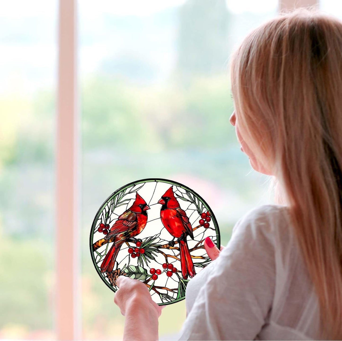 Cardinal Sun Catcher Stained Glass Window Hanging Cardinal Decor Lovers Gifts for Women Handmade Sun Catcher Decoration for Garden Home Housewarming Gifts