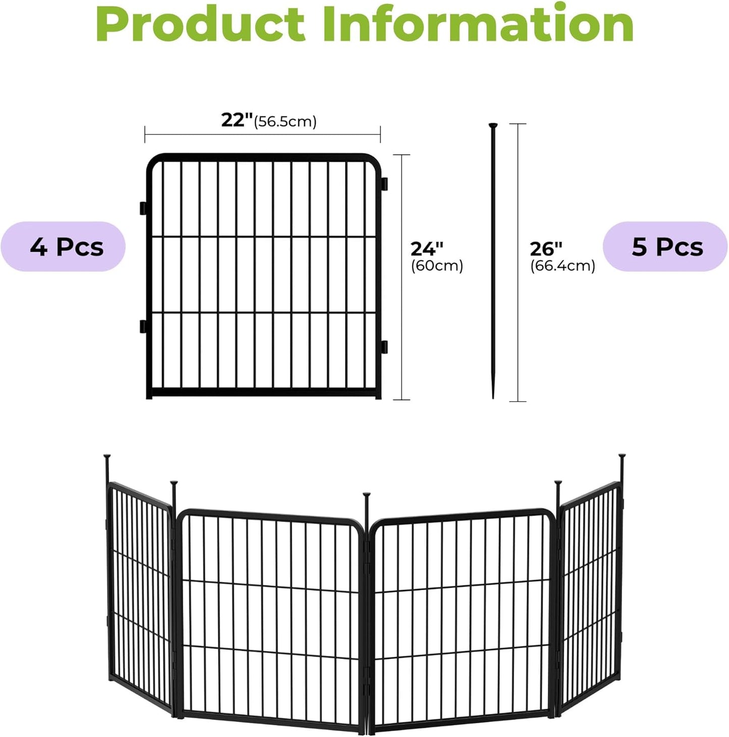 Doorless Garden Fence 24 in(H) x 7.4 ft(L) 4 Panels, Heavy Duty Metal Animal Barrier Fence, No Dig Fence for Dogs, Rabbit Fence for Garden, Black