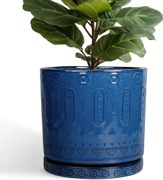 12 Inch Pot for Plants - Ceramic Planter for Indoor Plants Large Plant Pot with Drainage Holes and Saucer Outdoor Flower Pot Decorative Round Planter for Porch Office Decor Blue