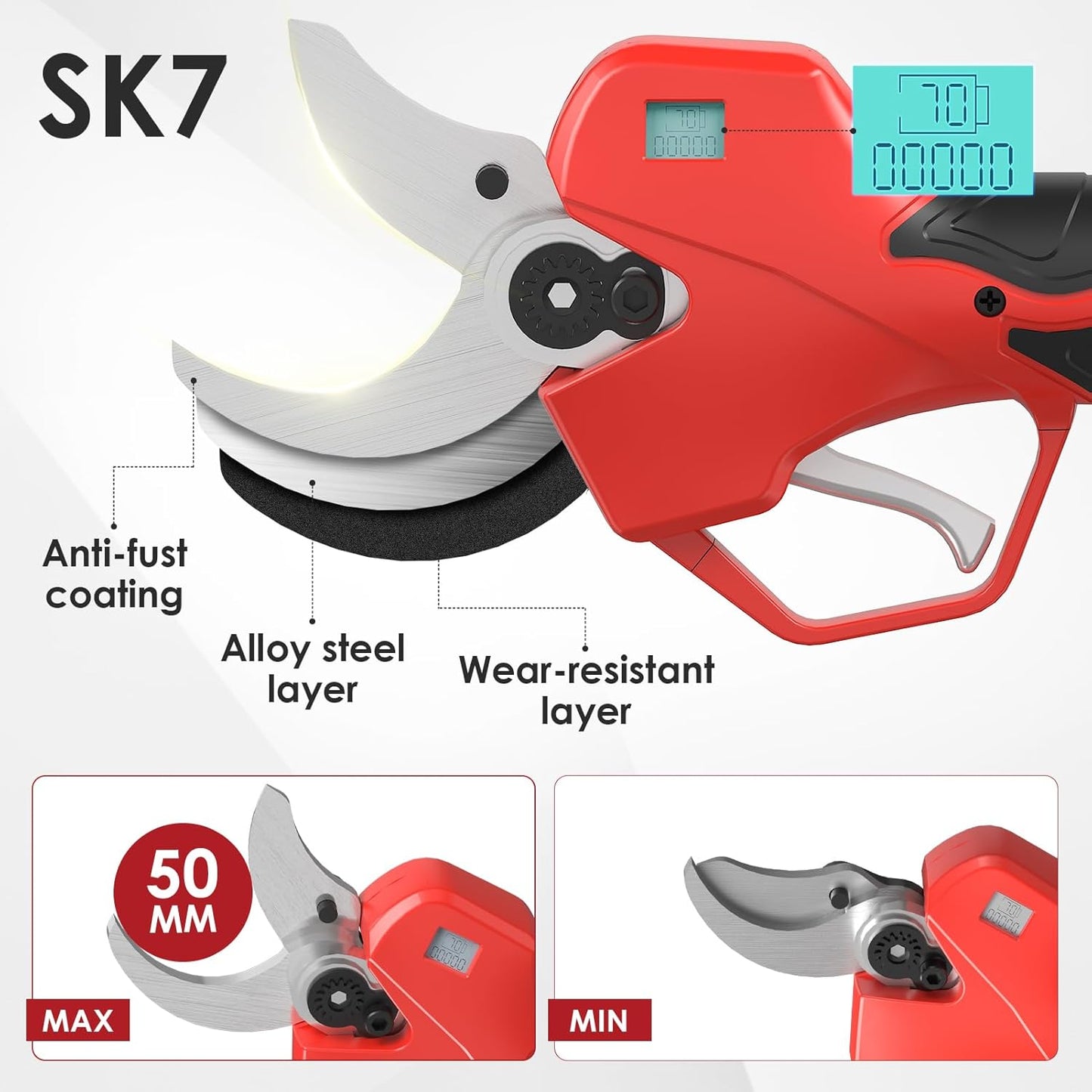 Electric Pruning Shears with Telescopic Rod, 50mm 1.96" Cutting Diameter Cordless Pruner with 2 Rechargeable Batteries, Tree Branch Cutter with SK7 Blade for Gardening Pruning