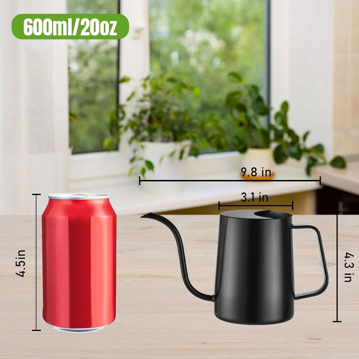 20oz/600ml Watering Can Indoor Plants, Stainless Steel Plant Watering Can with Long Spout (Black)