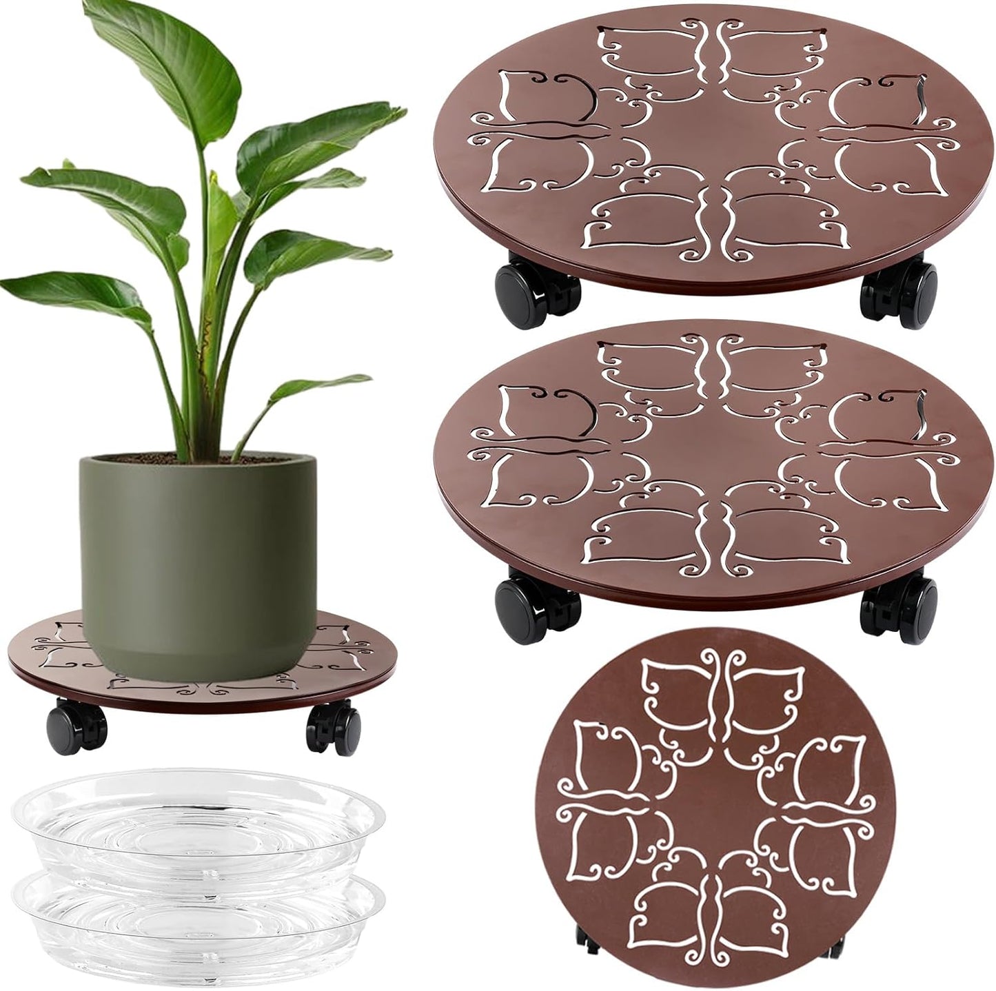 2 Packs 14 inches Large Metal Plant Caddy with Wheels Round Planter Dolly Pot Mover Rollers Wrought Iron Rolling Plant Stands Indoor Outdoor Wheeled Plant Holder Coaster Trolley, Butterfly, Brown