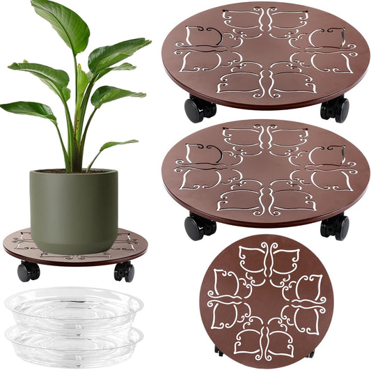 2 Packs 14 inches Large Metal Plant Caddy with Wheels Round Planter Dolly Pot Mover Rollers Wrought Iron Rolling Plant Stands Indoor Outdoor Wheeled Plant Holder Coaster Trolley, Butterfly, Brown