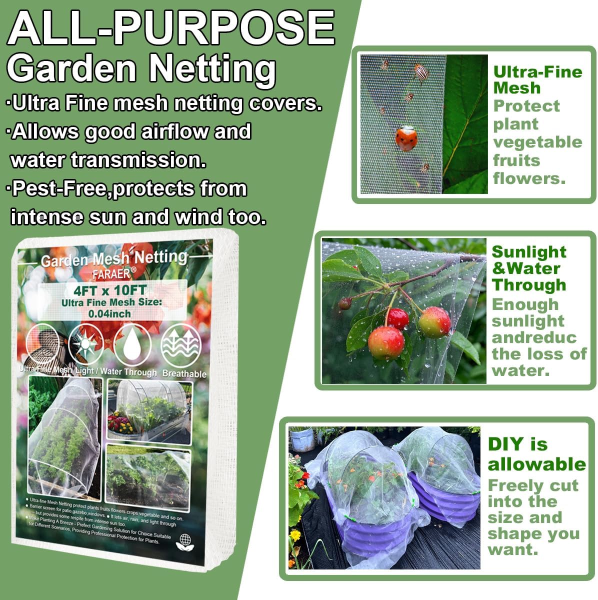 Garden Netting, Plant Covers 4x10Ft Net Ultra Fine Mesh Protection Netting for Vegetable Plants Fruits Flowers Crops Greenhouse Row Cover Raised Bed Barrier Screen Protection Net Cover