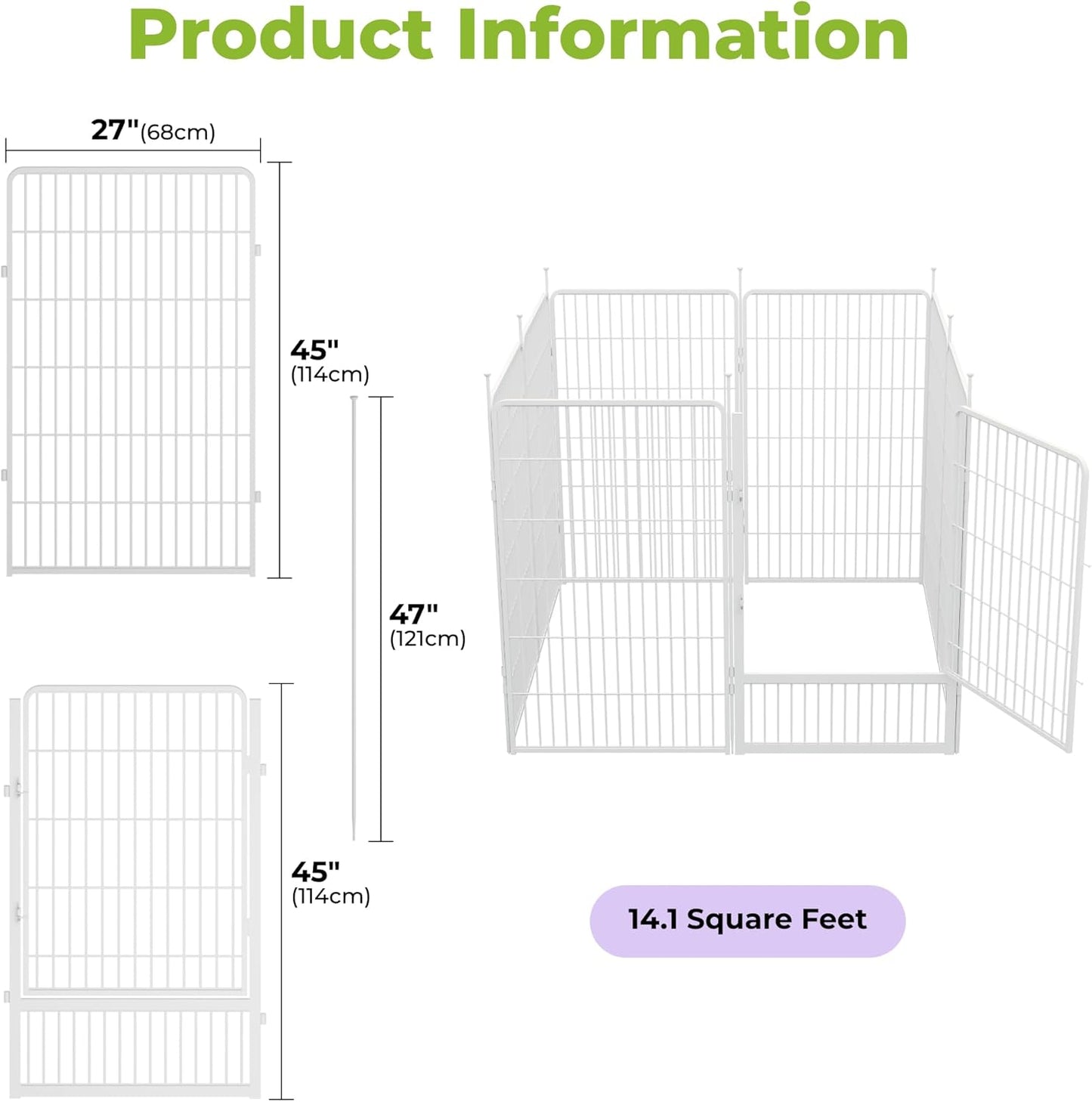 Decorative Garden Fence with Gate 45 in(H) x 17.8 ft(L) 8 Panels, Heavy Duty Metal Animal Barrier Fence for Yard, Flower Bed Fencing, Garden Border Fence, Easy Set Up, White