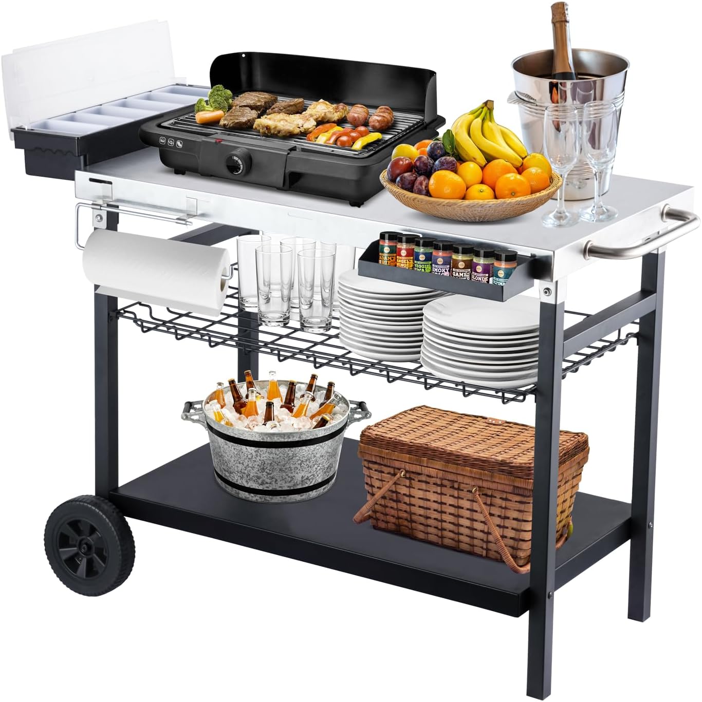 Outdoor Grill Cart, 500lb Dining Cart Table with Three-Shelf, Stainless Steel Rolling Movable Food Prep and Work Table