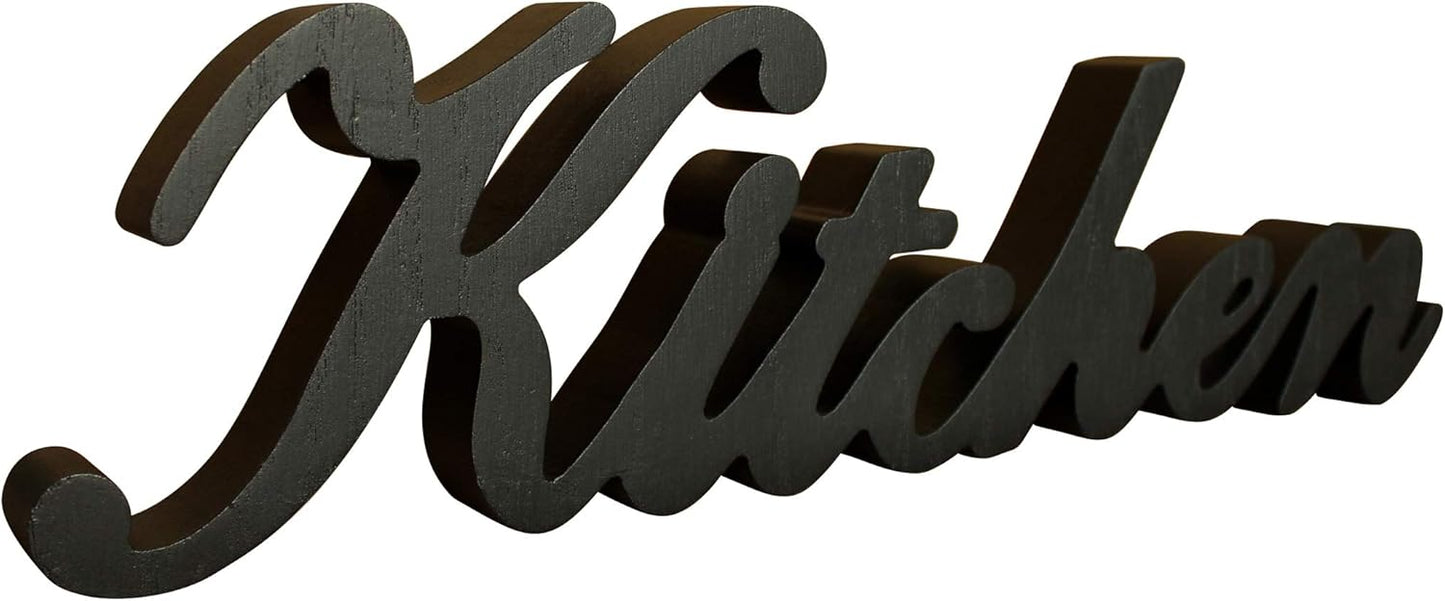 CVHOMEDECO. Rustic Matt Black Wooden Words Sign Free Standing "Kitchen" Desk/Table/Shelf/Door/Home Wall Decoration Art, 15-1/2 x 4-1/4 x 1 Inch