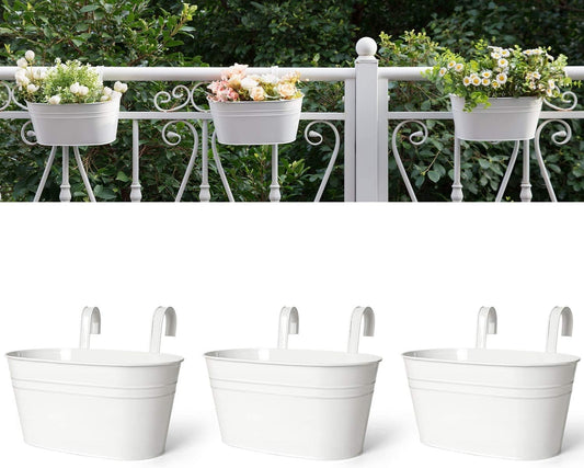 Dahey 3 Pcs Metal Iron Hanging Flower Pots for Railing Fence Hanging Bucket Pots Countryside Style Window Flower Plant Holder with Detachable Hooks Home Decor,White