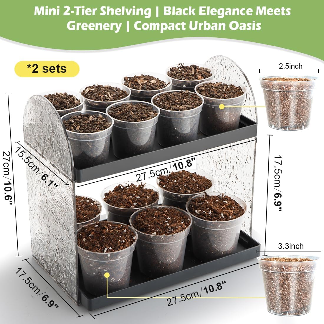 2-Pack Mini Plant Stands with 2.5" & 3" Clear Plastic Pots with Drainage Holes for Plants Indoor Seedling Small Succulent Windowsill Shelf as Gifts for Men Women