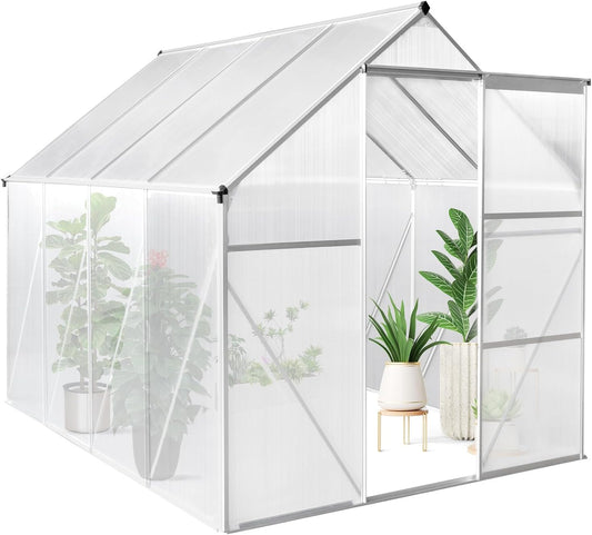 Greenhouse for Outdoors, 6x8 FT Heavy Duty Polycarbonate Greenhouse with 5 Roof Vents, Aluminum Large Walk-in Greenhouse for Outside Garden Backyard, Easy Setup, Silver