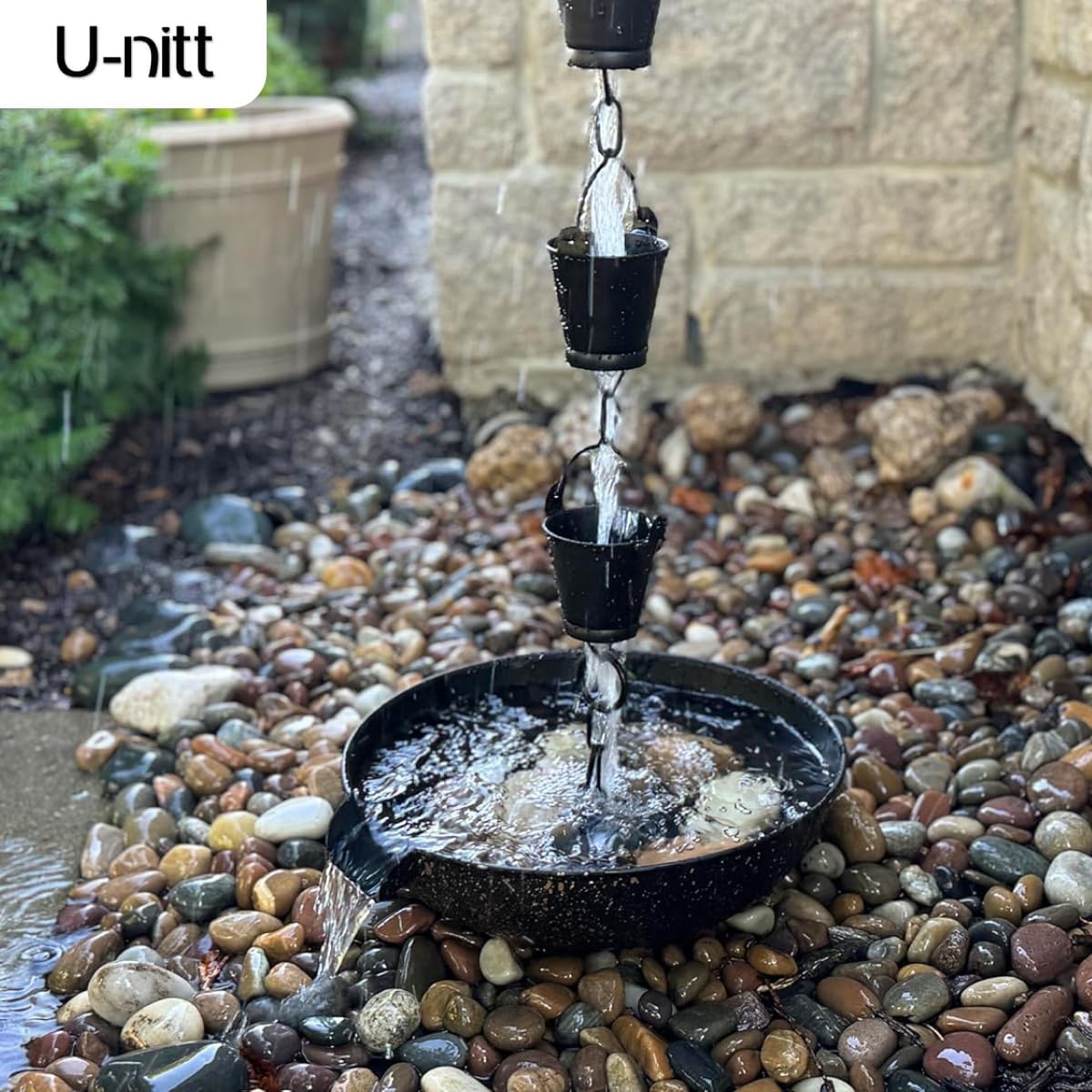 U-nitt Rain Chain Water Collection for Gutters, Rainwater Catcher & Diverter, 8.5 FT Chains for Outside Garden, Black Bucket Cups, Roof Downspout, Works with Heavy Rain, w/Gutter Clip for Rainchains