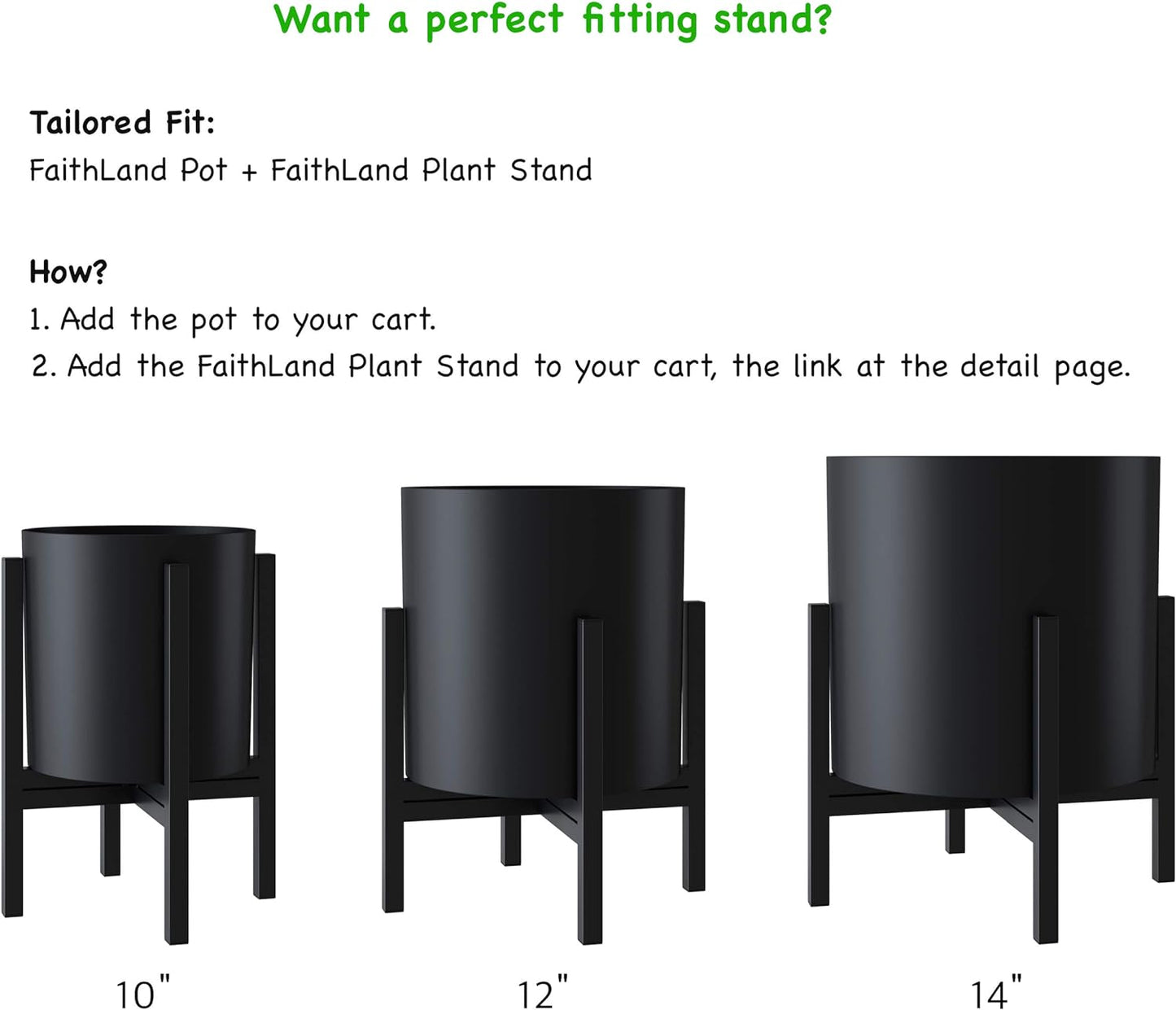 FaithLand Plant Pot 12 inch - Perfectly Fits Mid-Century Modern Plant Stand - Drainage Plug and Drainage Mesh Screen - Matte Black