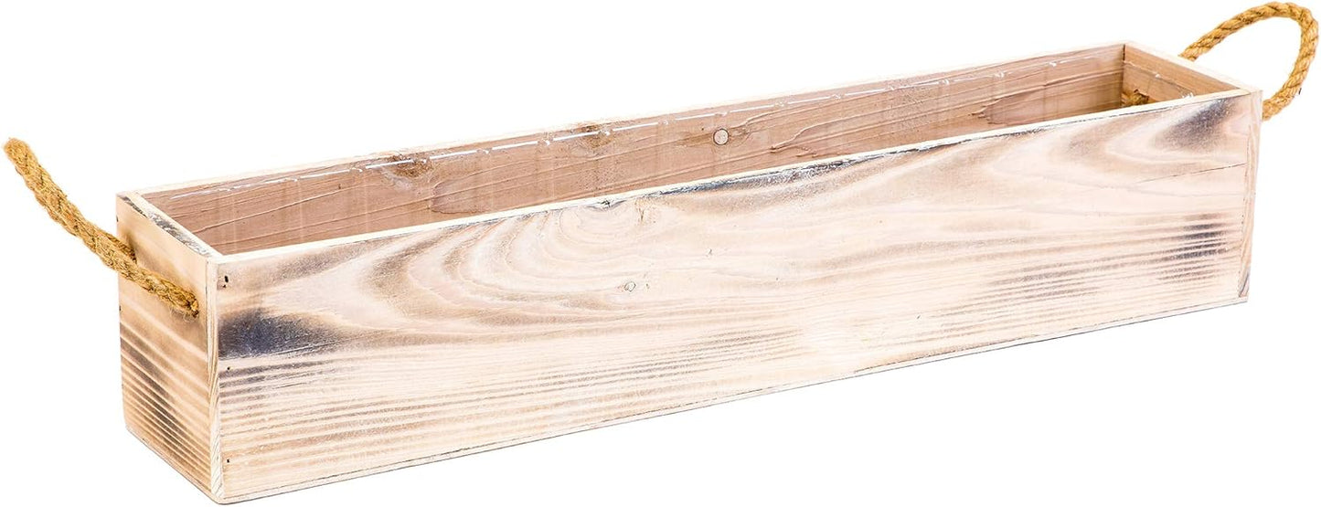 20" Rectangular Rustic Wood Planter with Handle and Plastic Liner l Rustic Whitewash l Country Style, Home and Wedding Decorations, Garden Ornaments (20x4 w Handle Set of 2, Whitewash)