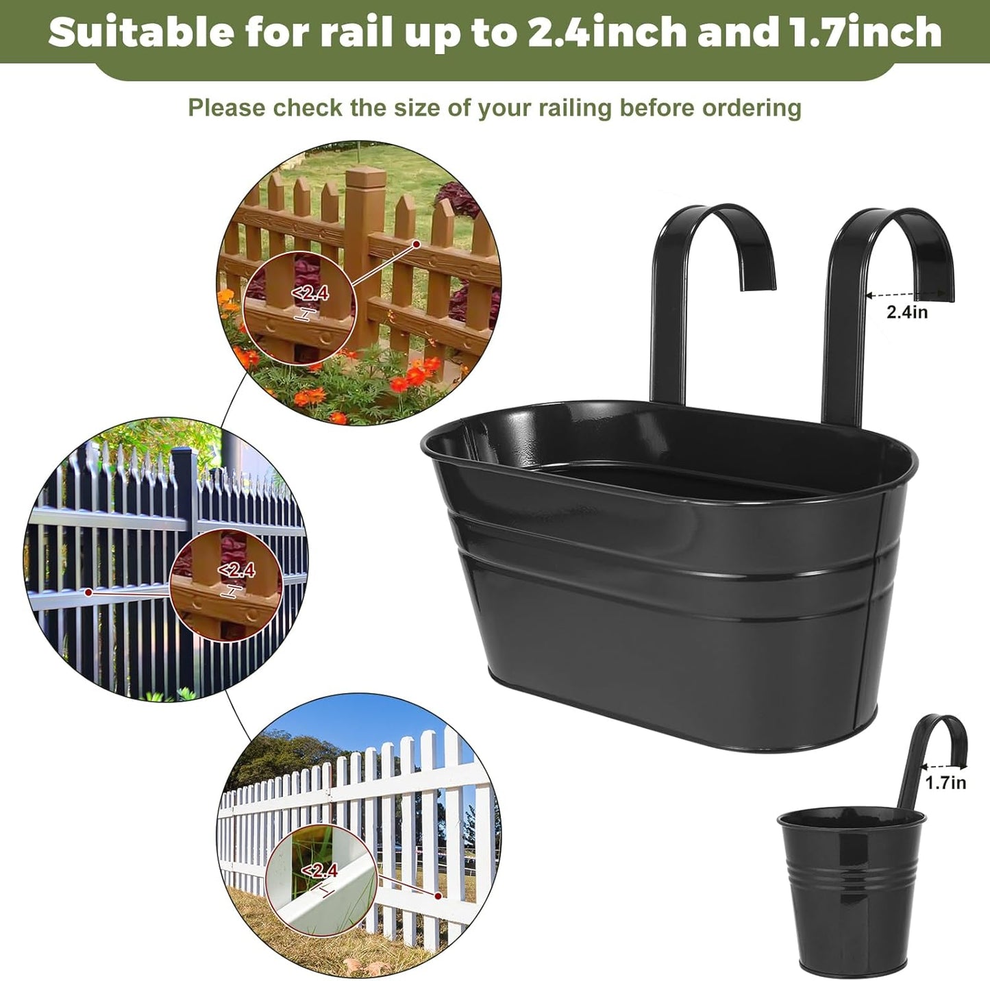 3 Different Size Metal Iron Hanging Flower Pots 13 Pcs for Outdoor Plants Metal Hanging Bucket Pots Iron Railing Fence Planter with Drainage Holes and Hooks for Porch Railing Balcony Fence (Black)