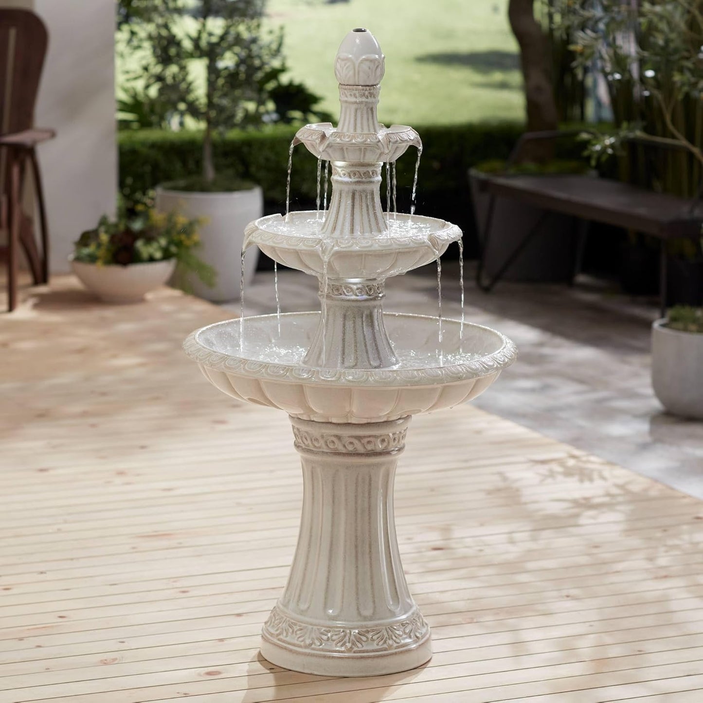 Formentera 45 1/4" High Large Italian Outdoor Decor Off-White Ceramic Floor Fountain with Light LED Waterfall 3-Tier Standing Water Feature for Outside Garden Patio Yard Backyard - John Timberland