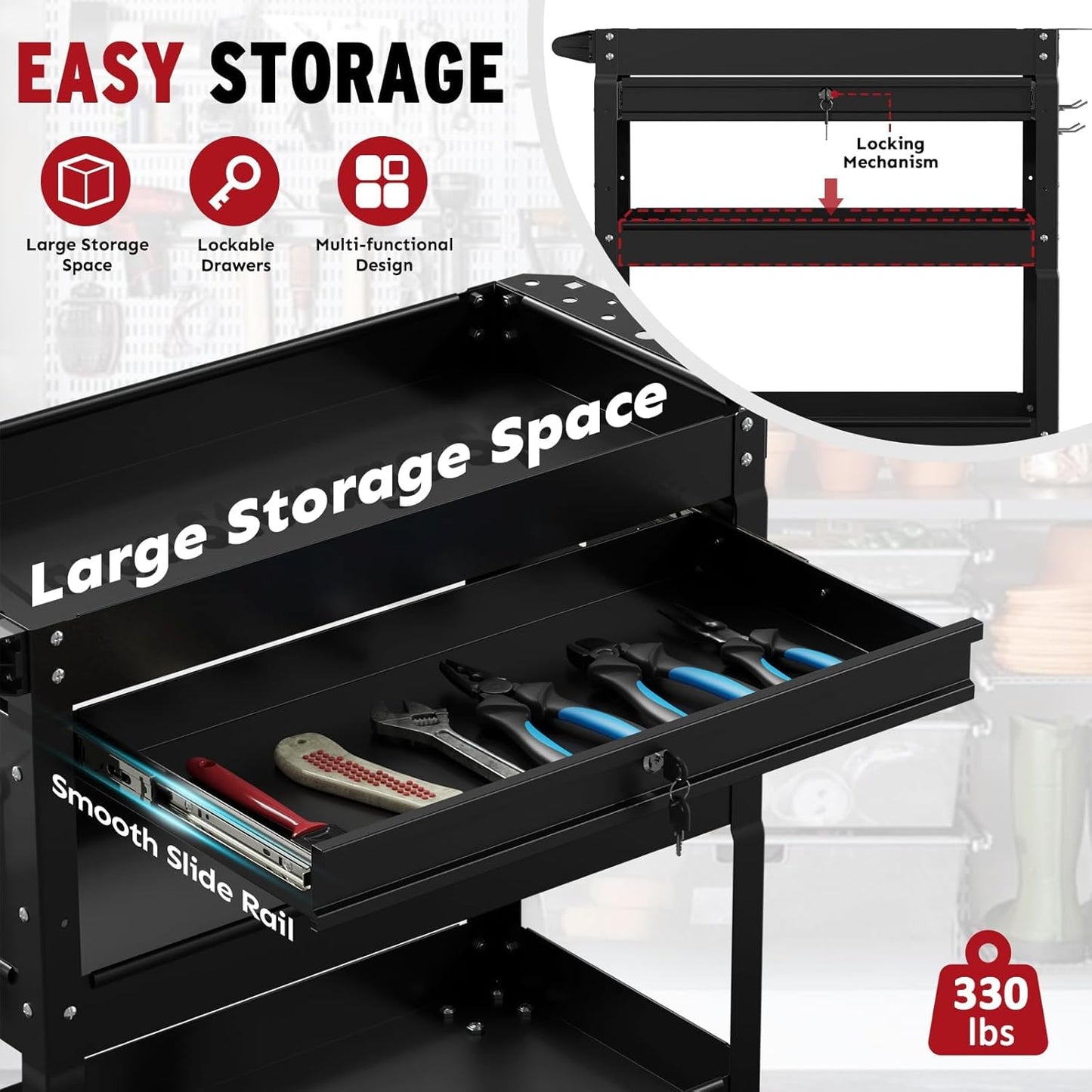 3 Tier Rolling Tool Cart, Heavy Duty Tool Cart on Wheels, Metal Utility Cart with Locked Drawers, Ideal for Garage, Warehouse and Repair Shop (Black)