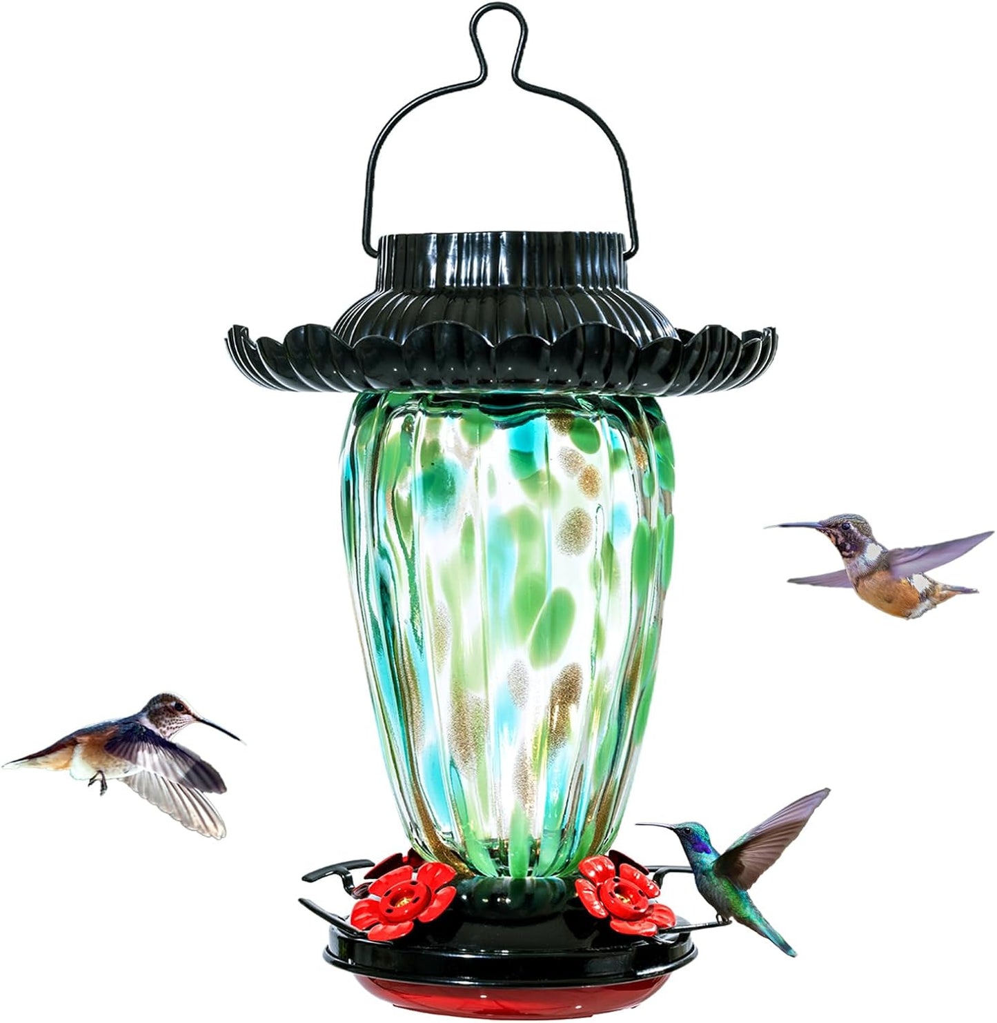 Muse Garden Solar Hummingbird Feeders for Outdoors Hanging, 38oz Hand Blown Glass Humming Bird Feeders for Garden Decor, Moms Birthday Unique, Green