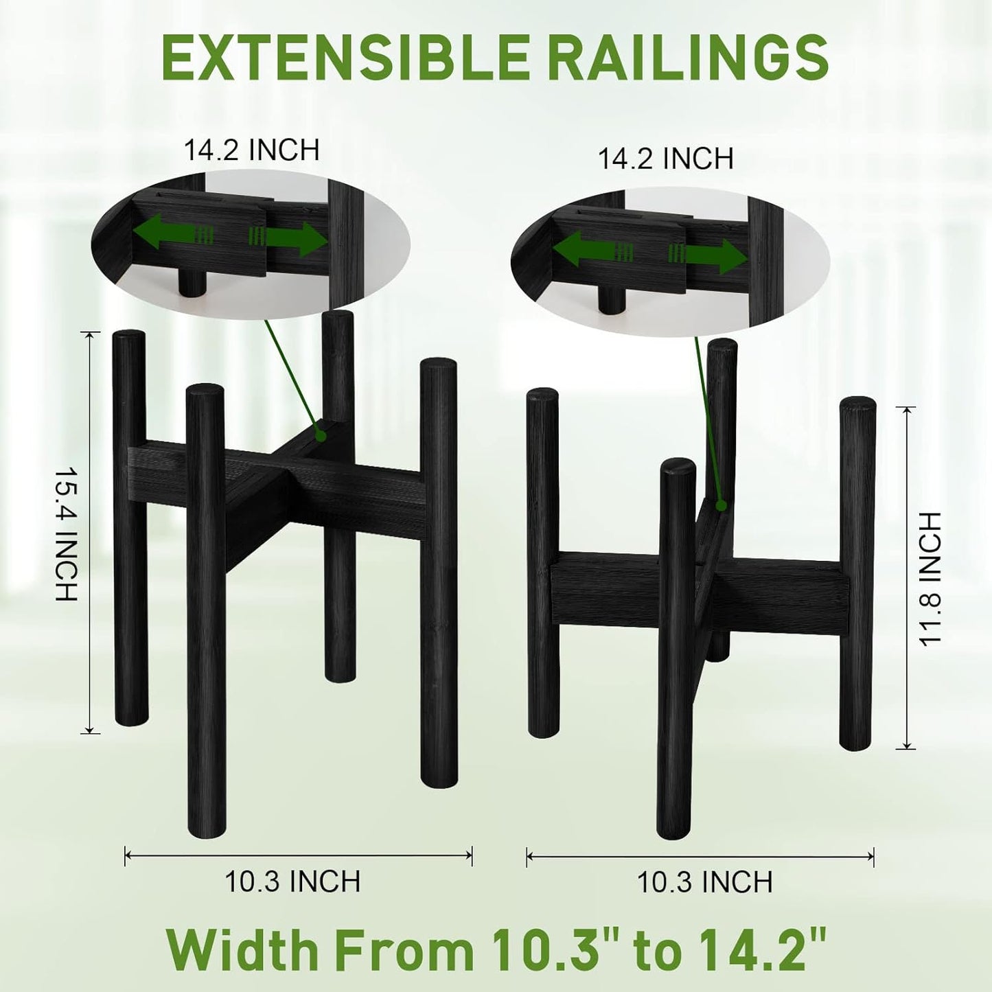 FJO 2Pcs Adjustable Plant Stand Indoor - Bamboo Plant Stands, Bamboo Mid Century Modern Plants Stands, Plant Holder for Living Room Fits 8 to 12 Inches Pots(Pot & Plant Not Included) (Black)