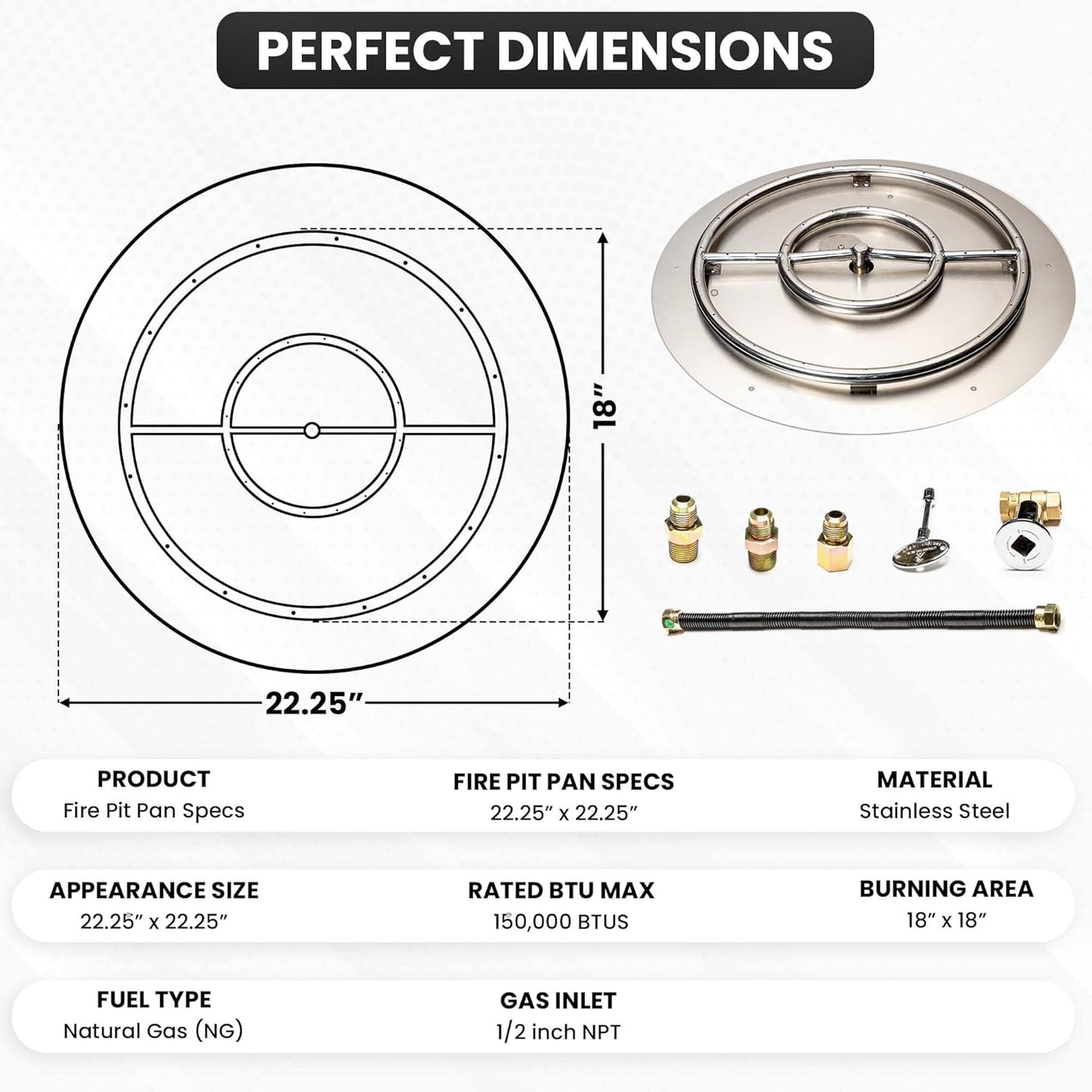 Fire Pit Burner Pan & Ring - Works with Natural Gas - Stainless Steel Fire Pit Burner Kit 22-Inch Pan, 18-Inch Ring - 150,000 BTU Max
