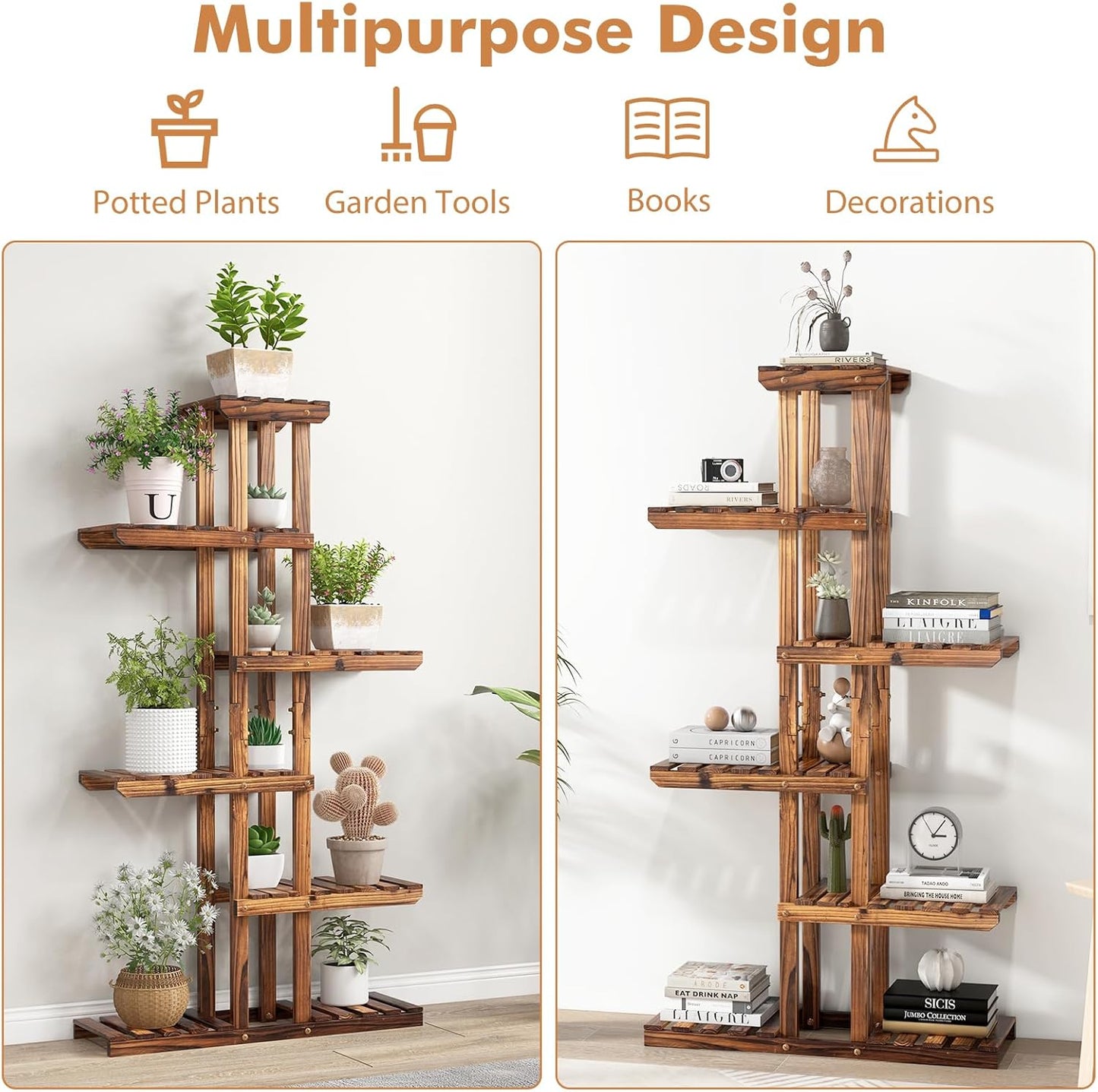 COSTWAY 6-Tier Multifunctional Wood Flower Stand, Shelf Holder for Multiple Plants, Freestanding Plant Rack for Garden, Patio, Balcony, Living Room, Indoor, Outdoor (29.5''x10''x55.5'')