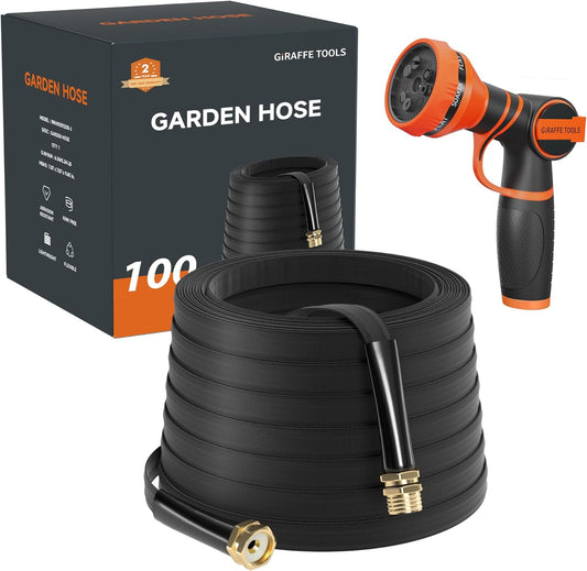 Giraffe Tools Garden Hose 100FT Lightweight Lay Flat Water Hose Kink Free Flexible Hose with 9 Spray Function Nozzle, Black