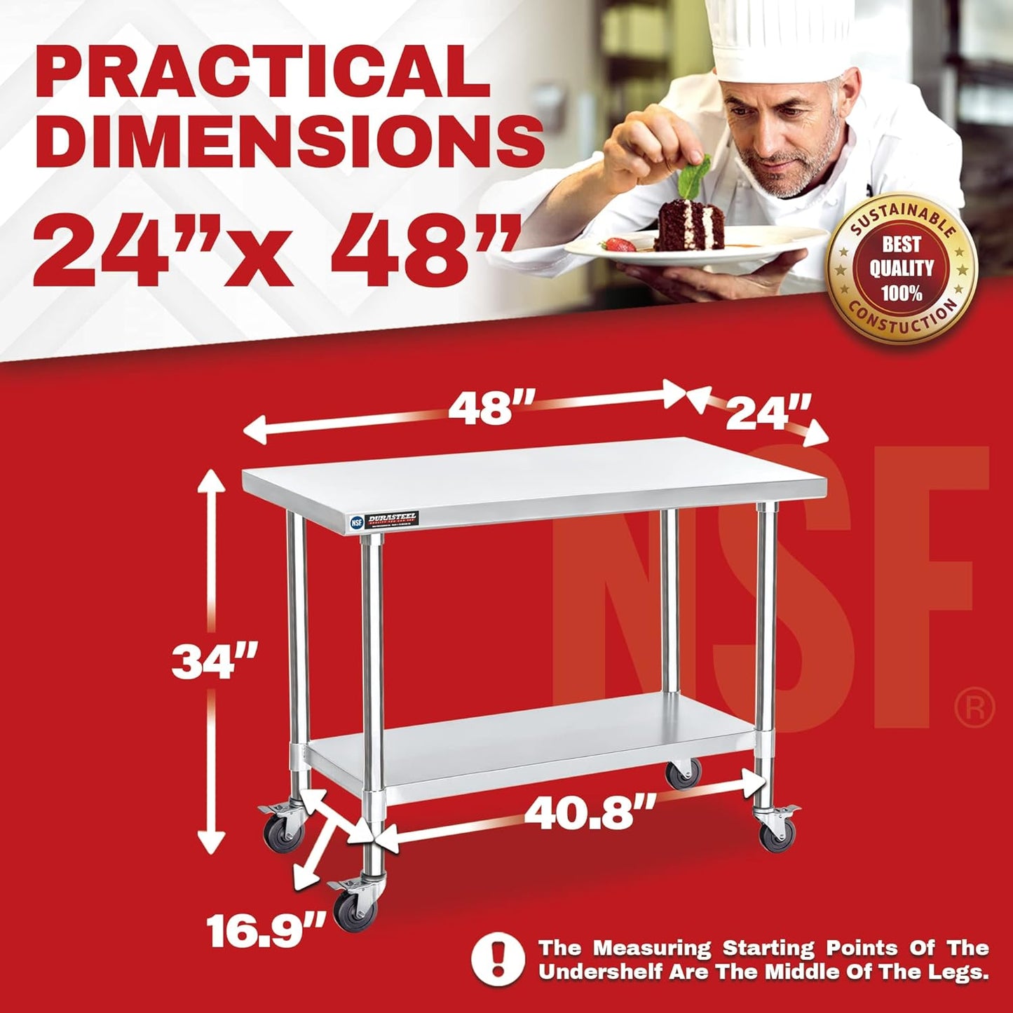 DuraSteel 24x48 NSF Stainless Steel Cart - Heavy Duty Food Prep Table with Undershelf - Rolling Kitchen Island on Wheels for Commercial Restaurant Kitchen, Garage, Outdoor Cooking, BBQ Grill, Counter