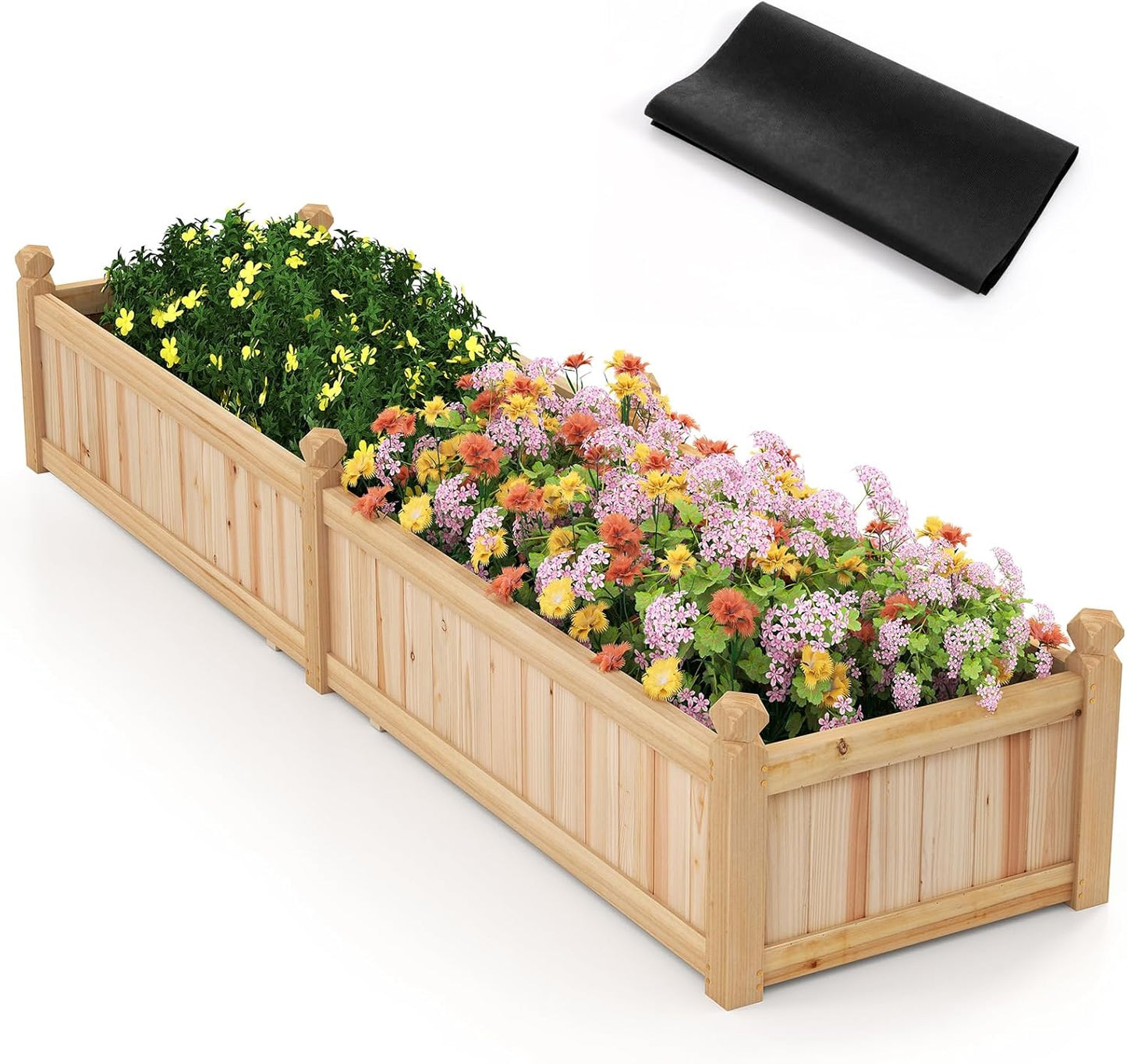 Giantex Wood Raised Garden Bed, Planting Bed with Corner Drainage, Non-Woven Liner for Growing Vegetables, Flowers, Herbs, Fruits, 89”x23.5”x16” Divisible Planter Box for Backyard, Garden, Lawn