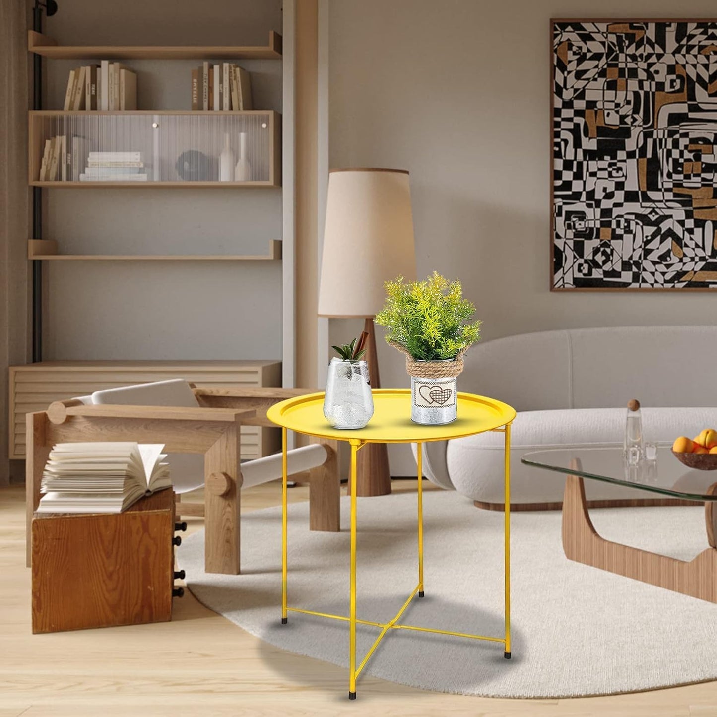 Garden 4 you Small Side Table, Round End Table, Outdoor Side Table with Metal Frame, Bedside Table for Living Room, Bedroom, Patio, Small Space, Yellow