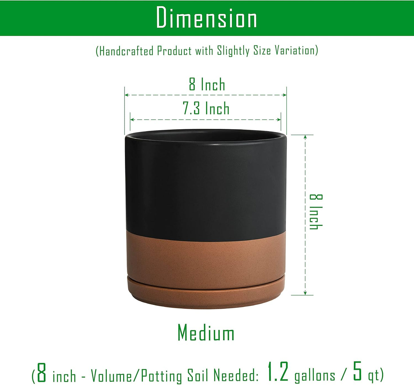 D'vine Dev 8 Inch Ceramic Planter Pot with Drainage Hole and Saucer, Indoor Cylinder Round Planter Pot, Black/Speckled Tan, 94-O-D-7