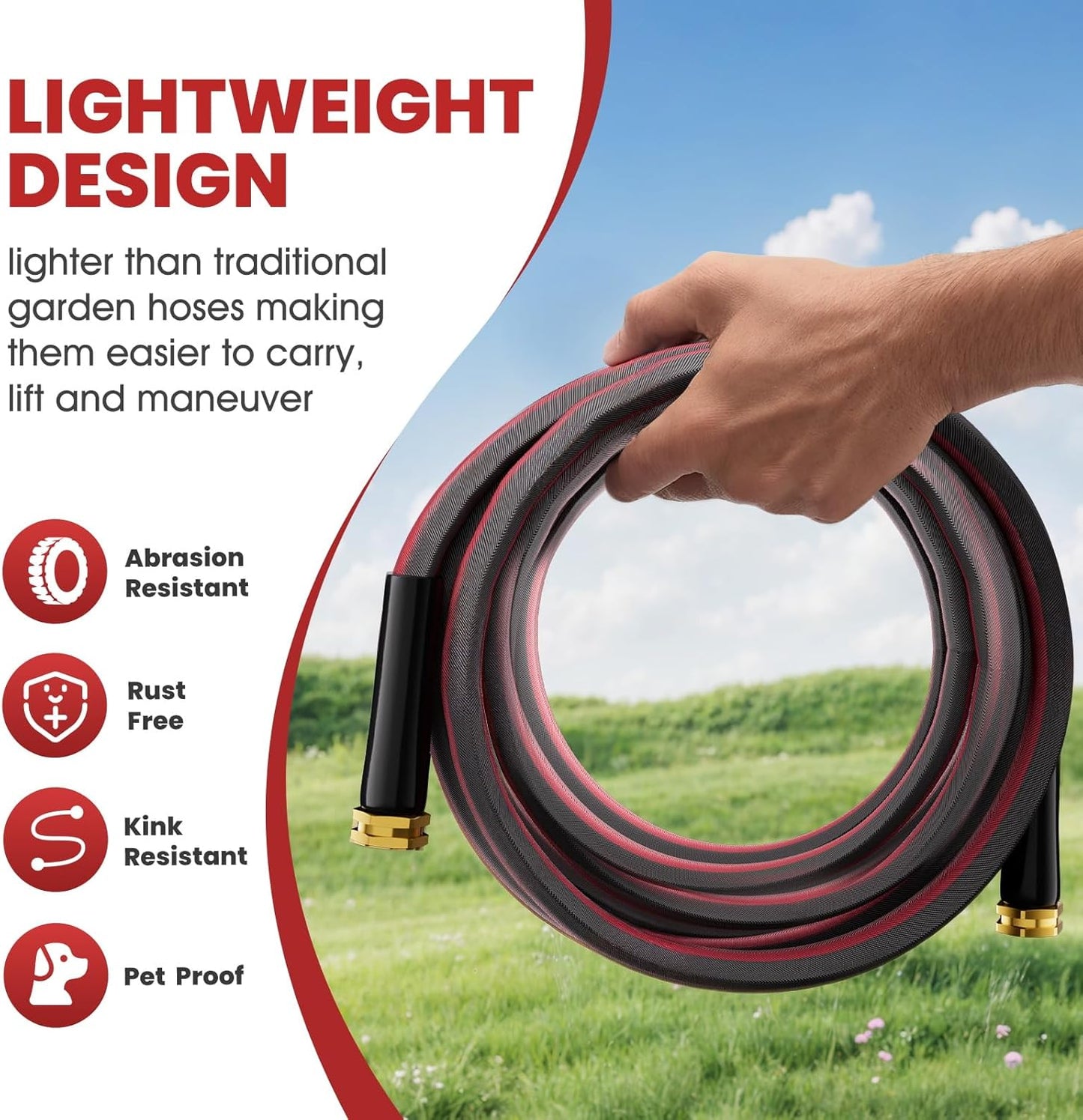 100ft Non-Expanding Garden Hose with 8-Layer Latex Core, Lightweight & Kink-Free, Flexible Heavy Duty Water Hose for Lawn, Yard, Car Washing (3/4" Solid Brass Fittings, Crush-Resistant)