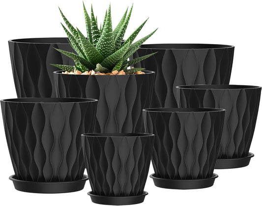 4/4.5/5/5.5/6/6.5/7 Inch Plant Pots,7 Pack Flower Pots with Drainage Holes and Trays,Plastic Planters for Indoor Outdoor Plants Growth,Black