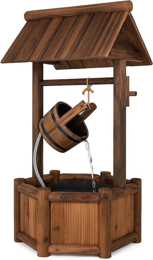 Tangkula Outdoor Wishing Well Water Fountain, Old-Fashioned Wood Waterfall Fountain w/Bucket Pump, Rustic Farmhouse Decoration for Garden, Backyard, 46 Inch Tall (20" x 23" x 46")